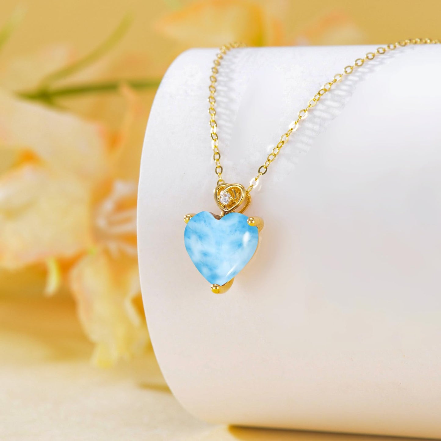 NFYBD 14k Gold Love Heart Larimar Birthstone Pendant Necklace for Women 3 Carat Heart-cut Created Gemstone Anniversary Birthday Mother's Day Necklaces for Her 16+1+1 inch