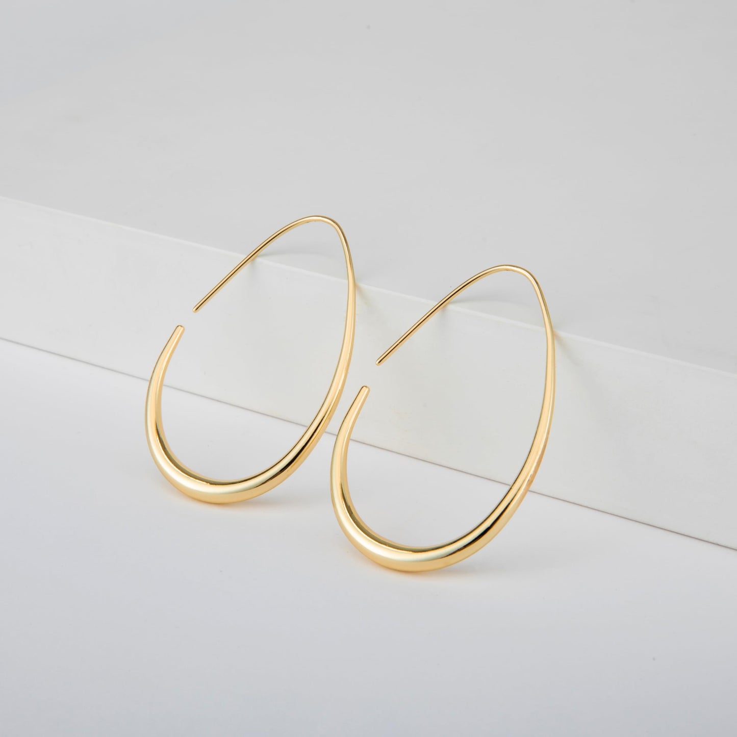 Lightweight Teardrop Hoop Earrings for Women - 14k Gold/White Gold Plated Large Oval Pull Through Hoop Earrings High Polished Statement Jewelry Gift for Women(gold 50 * 30)