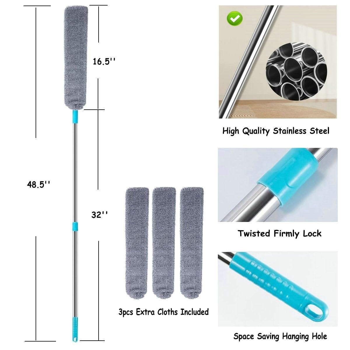 Retractable Gap Dust Cleaner Cleaning Tools with 3 Microfiber Dusting Cloths Long Handle 48.5inches Washable and Retractable Duster Brush for Cleaning Under Appliances Furniture Couch Fridge