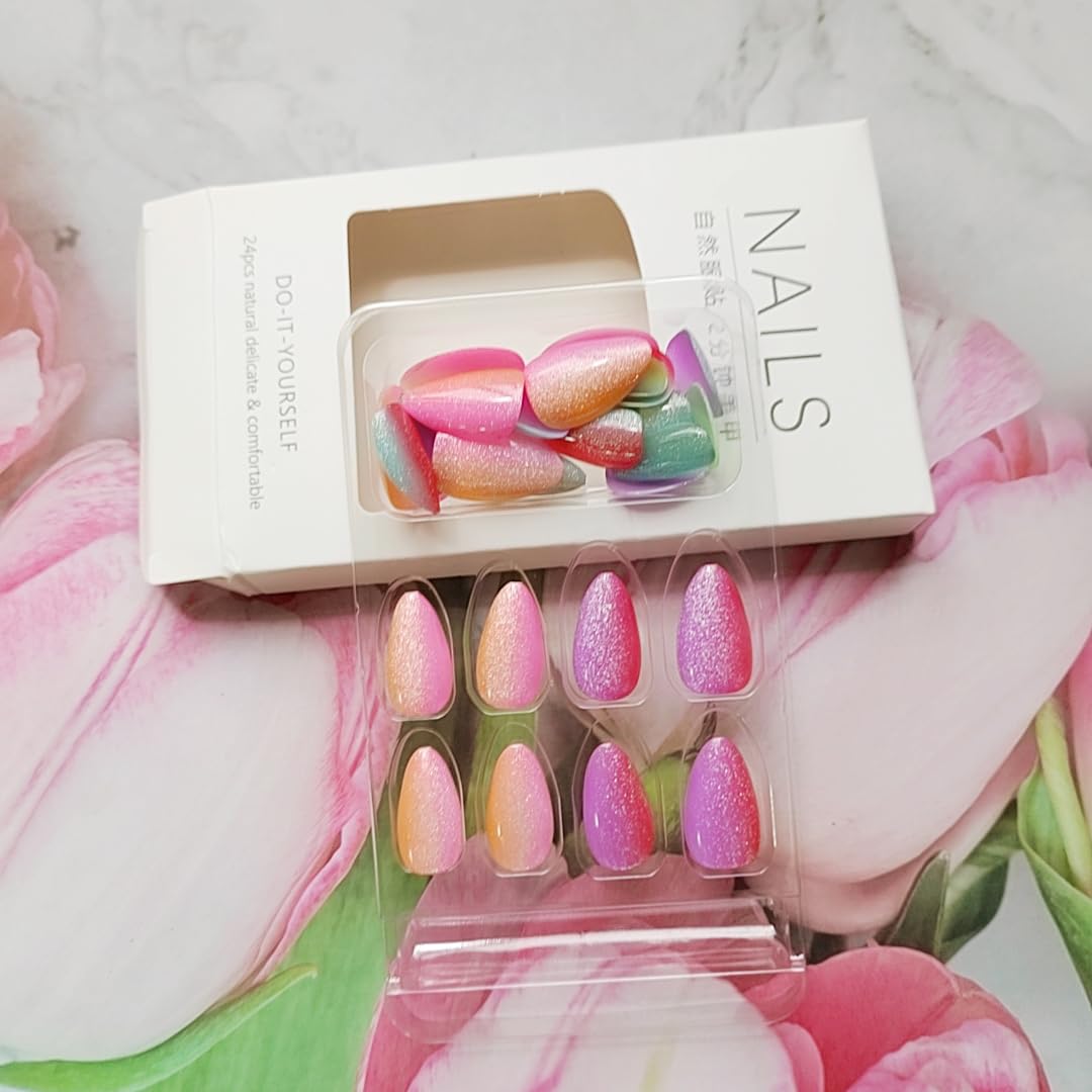 Almond Press on Nails Short Colorful Gradient Fake Nails Ombre Cat Eye False Nails Glossy Cute Dopamine Vitality Rainbow Glue on Nail Acrylic Nails Reusable Stick on Nail for Women Manicure 30Pcs