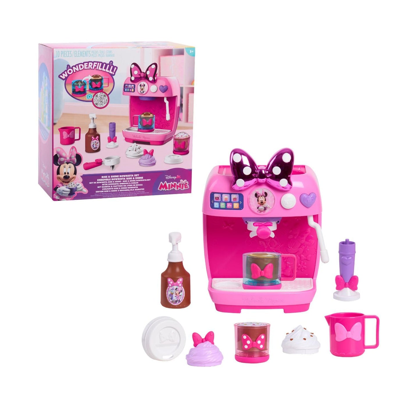 Disney Jr. Minnie Mouse Rise & Shine Bowrista Set, 10 Inch Play Espresso Machine, Ages 3 and Up