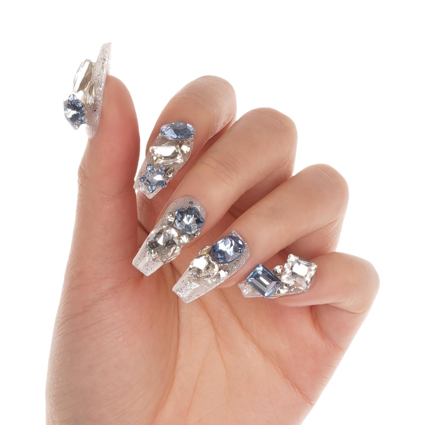 Coffin Shaped Luxury Press on Nails - Swan Lake | Coffin Artificial False Nails, Glossy Fake Nails with 3D Shinning Diamonds, Salon Quality Reusable Nails Kit
