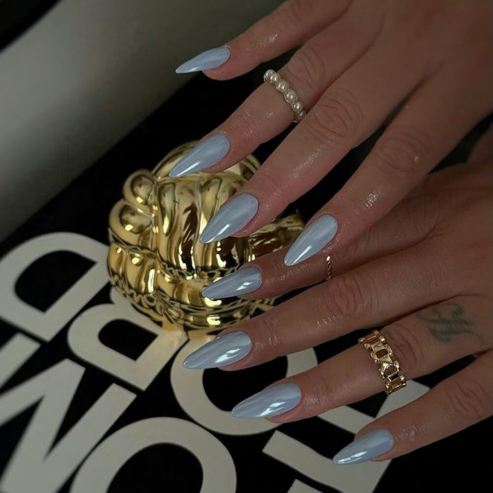 Baby Blue Press On Nails Almond - KQueenest Chrome Press On Nails Medium, Sparkle Fake Nails Press ons Glitter Glue on Nails Medium Stiletto with Glazed Finish, Stick On Nails for Women Wedding Wear