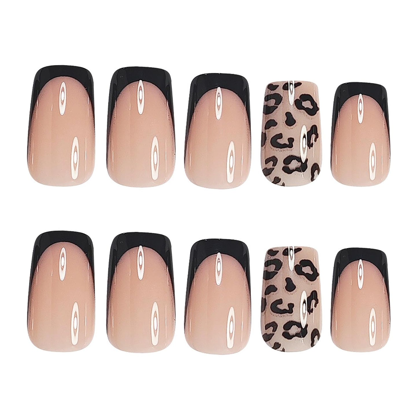 Black French Press On Nails Short Square Fake Nails With Leopard Print Design Acrylic Nails Pink Glossy Nail Press Ons Reusable False Glue On Nails For Women