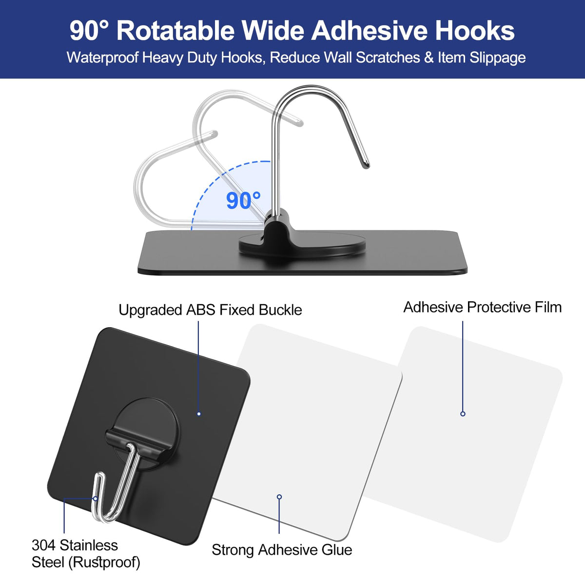 Adhesive Wall Hooks No Drill Black Heavy Duty (12 Count)