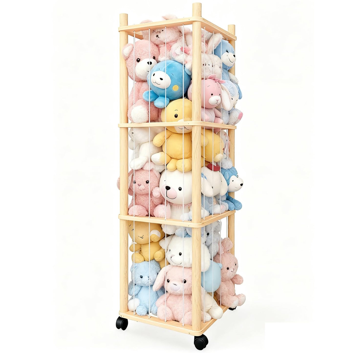 Vercxlyra Stuffed Animal Zoo Storage - Sturdy Solid Wood Toy Organizer with Lockable Wheels, Easy-Assemble/Clean, Large Capacity Plush Toy Cage, Space-Saving for Toddler/Playrooms/Bedrooms