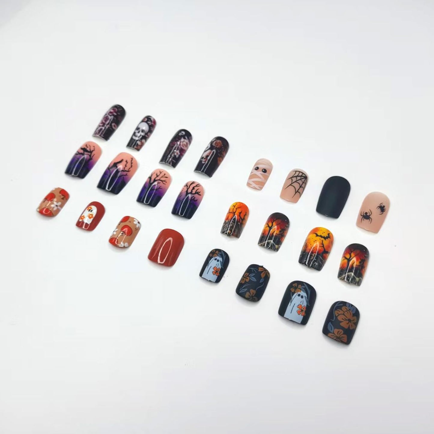 144 Pcs Halloween Press on Nails Short Medium Square Fake Nails 12 Size Ghost Pumpkin Matte Stick on Nail 6 Style Cute Halloween False Nails with Skull Acrylis Nails for Women(not include tooltik)