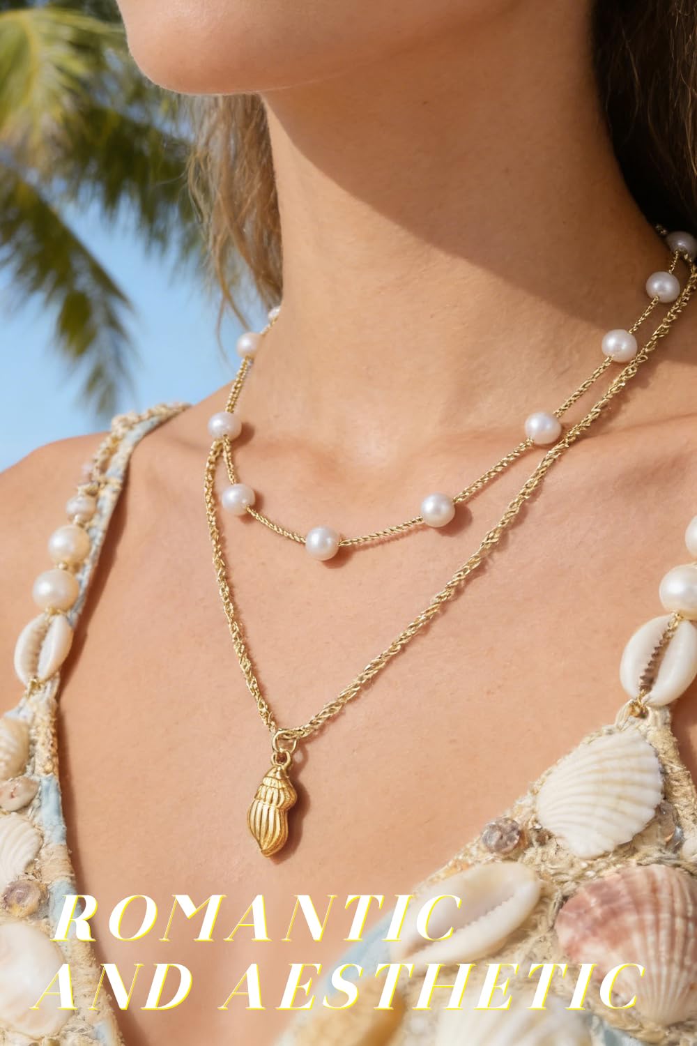 Beach Layered Starfish Necklace for Women, 14K Gold Plated Shell Conch Seashell & Pearl Charm Pendant, Dainty Coastal Summer Vacation Jewelry