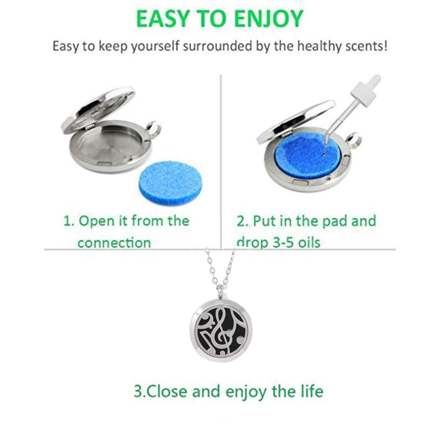 Aromatherapy Essential Oil Diffuser Stainless Steel 30MM Silver Magnetic Locket Pendant 2 Sizes Chain Necklace, Refill Pads & Diffuser Bracelet in a Velvet Bag (Music2)