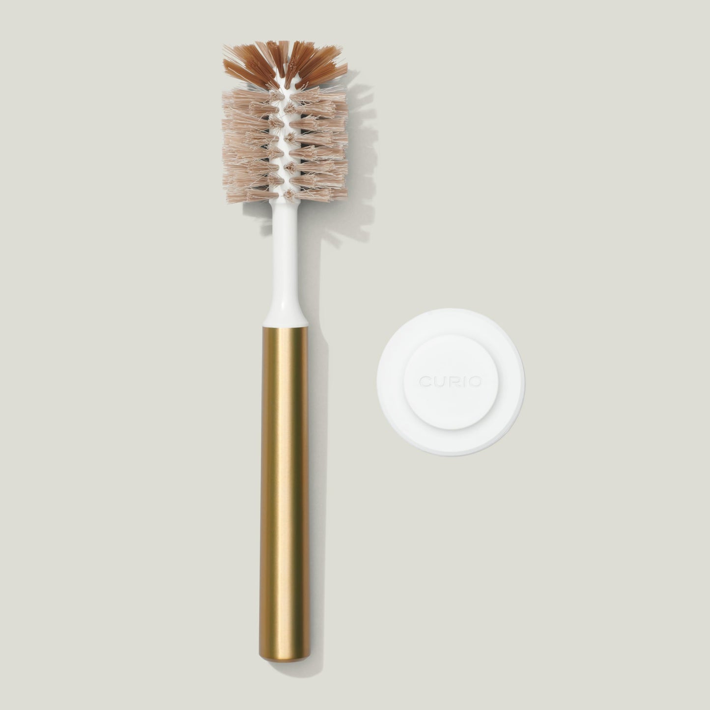 Curio Home Goods Ionic Bottle Brush, Magnetized to Stand Upright, Stainless Steel with Replaceable Head, Brass/Gold