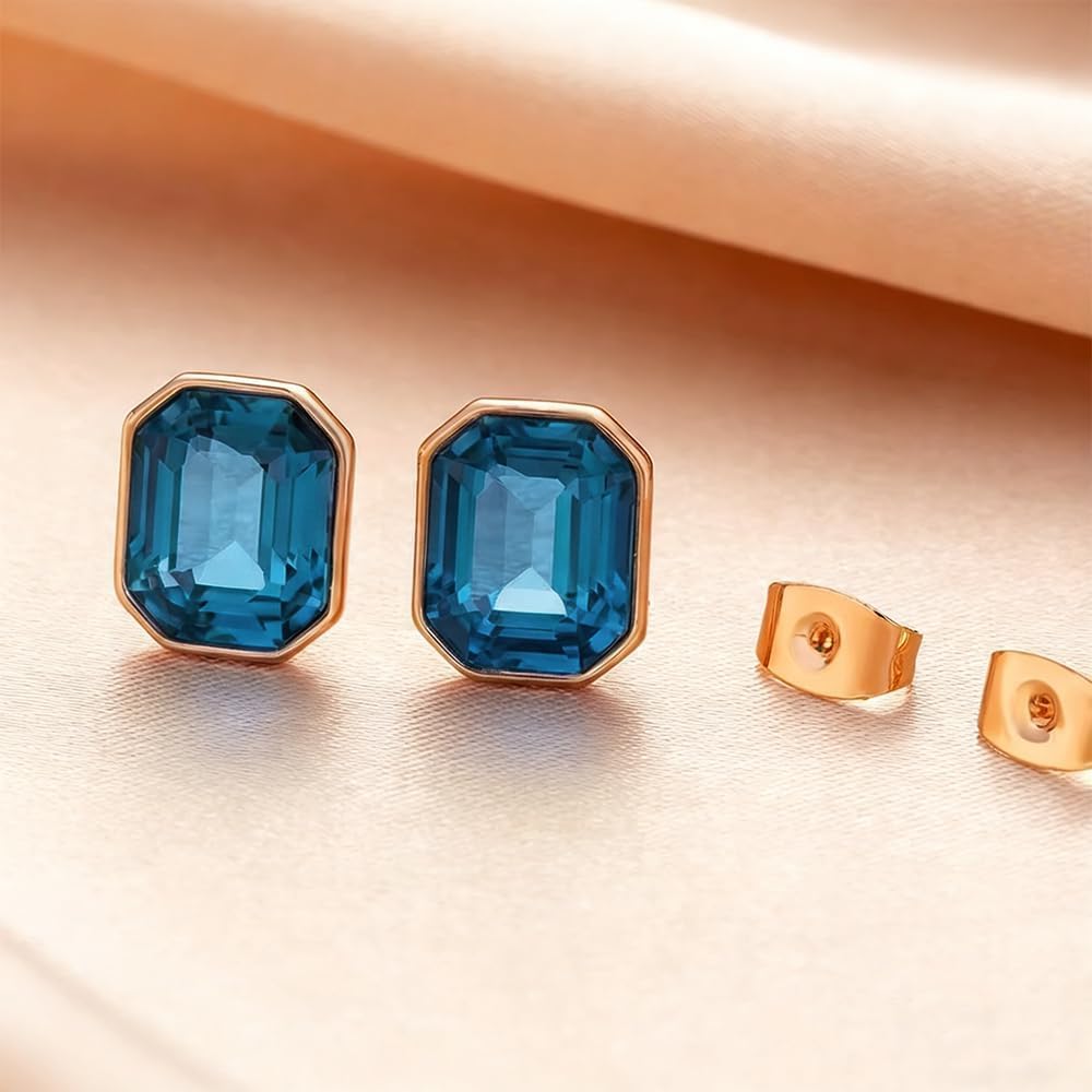 Austrian Crystal Octagon Stud Earrings for Women Fashion 925 Sterling Silver Post Hypoallergenic Jewelry (Dark Blue)