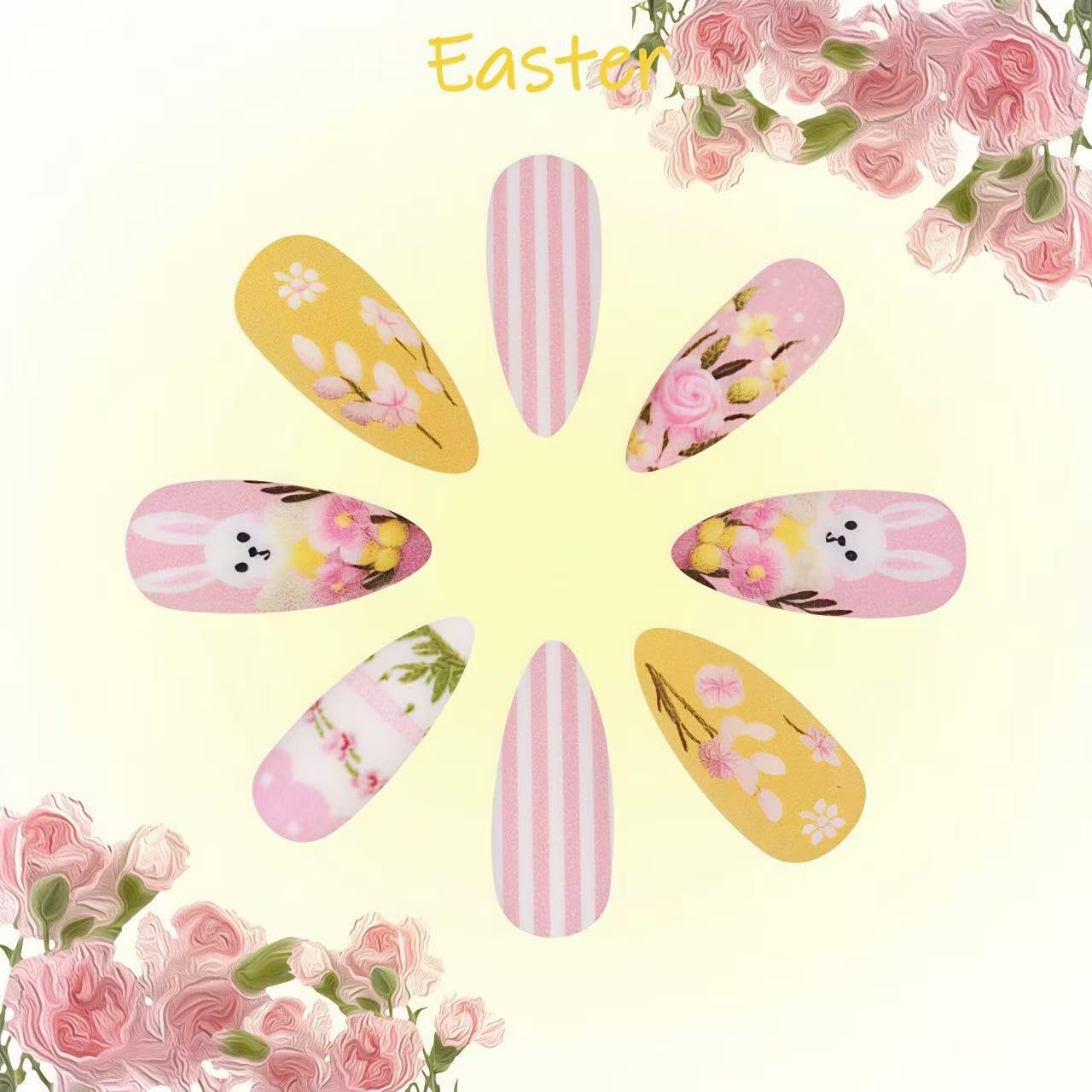 Easter Press on Nails Medium Almond Matte Fake Nails Pink Rabbit False Nails Cute Egg Easter Forest Theme Flowers Acrylic Stick on for Women Easter Holiday Manicure Decoration 24Pcs