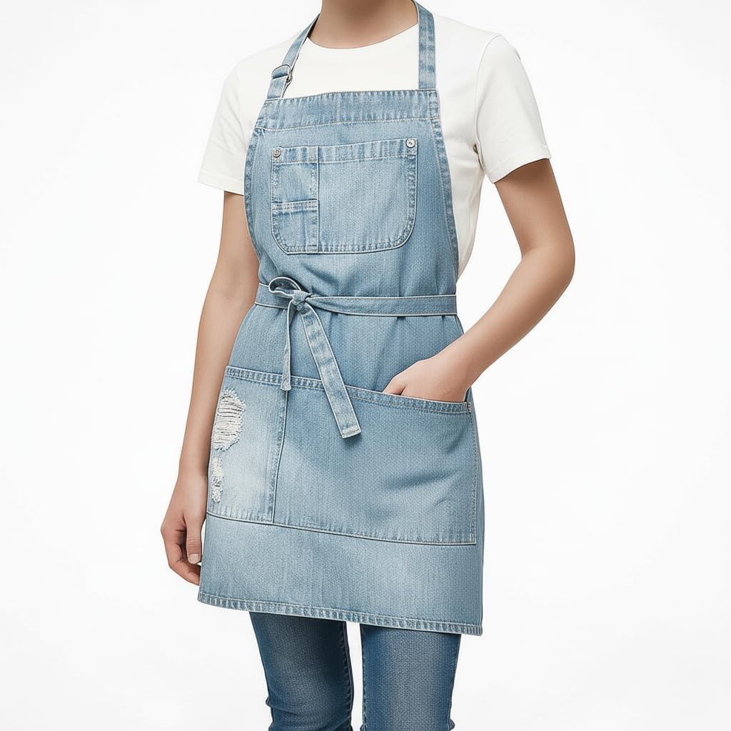 Jowcud Denim Apron With 5 Pockets for Cooking Kitchens,Hairstylist Aprons for Women Men,Adjustable Bib Jean Apron for Arts Gardening Cafes Bars Work