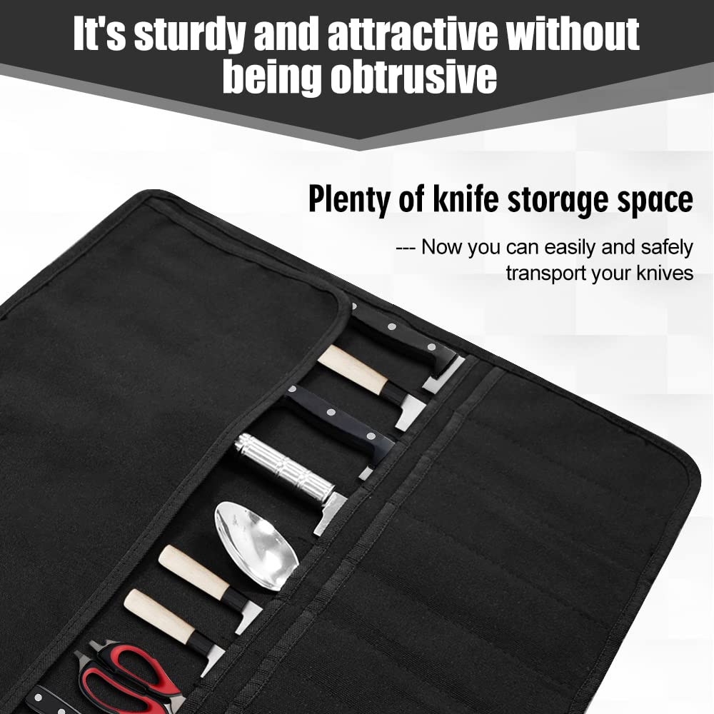 Chef Knife Bag With 24 Slots Cutlery Knives Holders Protectors, Kitchen Travel Cooking Tools, Portable Canvas Knife Roll Storage Bag Chef Case for Camping or Working with an Adjustable Shoulder Strap