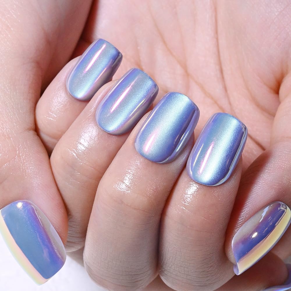 evpct Periwinkle Blue Cat Eye Chrome Press on Nails Short Square No Glue with Aurora Design, Purple Holographic Short Square Stick on Nails for Women, Glossy Cateye Effect, Perfectly Fit Salon-quality