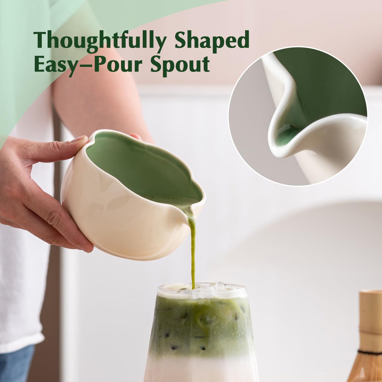 ChaseWind Matcha Set, 8Pcs Floral Ceramic Matcha Kit with Matcha Whisk, Holder, Scoop, Scoop Rest, Sifter, Spoon and Tea Towel - Thoughtful Matcha Whisk Set Gift for Matcha Lovers (Beige & Green)