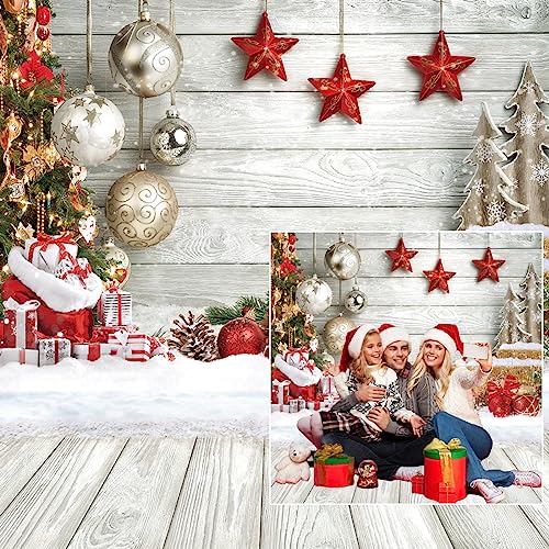 CHAIYA 8X8FT Christmas Backdrop White Wood Floor Photography Backdrop Winter Snow Xmas Tree Gift Family Party Background New Year Party Decoration Backdrop - size: 8′x8′