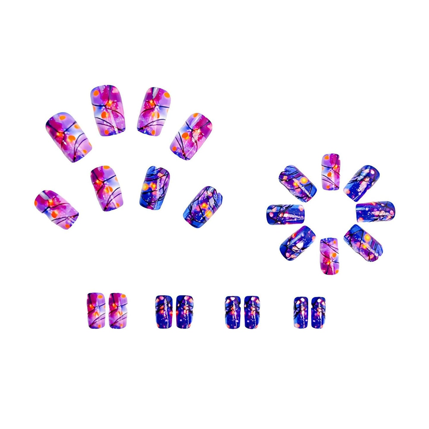 CJDLTS Press on Nails - Medium Purple Aurora Design, 24 Pcs Glossy Full Cover Acrylic Coffin Nails (Reusable Glue On, DIY Stick On)