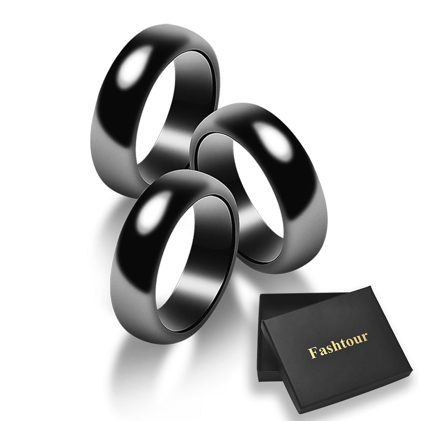 Fashtour Genuine Magnetic Hematite Rings, 3 Pack, Black, 6mm Wide, Polished, for Men and Women, Anxiety Relief, Root Chakra Balancing（Size 11#）