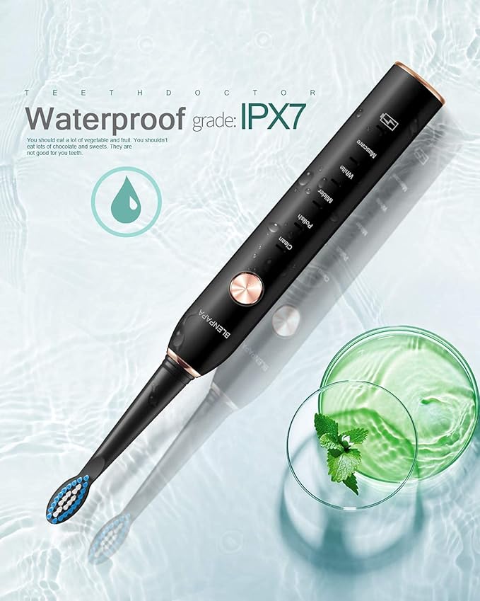Teeth & Gums Care Electric Toothbrush, IPX7 Waterproof Sonicare 38000VPM, Fast Charge Long Last with Intelligent Time Reminder 5 Optional Modes Dupont Brush Heads, Travel, Indoor, Outdoor, Black
