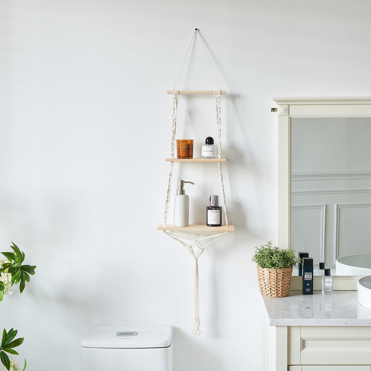 YYHTYZ 2 Tier Wooden Hanging Shelf, Boho Hand-Woven Cotton Wall Hanging Rack, Solid Wood Board, Featuring a Storage Net at the Bottom, Designed for Wall Mounting, Hanging Storage Shelves