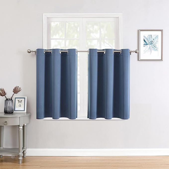 ChrisDowa Small Window Curtains for Kitchen and Bedroom - Grommet Short Thermal Insulated Room Darkening Curtains (2 Panels, Stone Blue, 52 x 36 Inch)