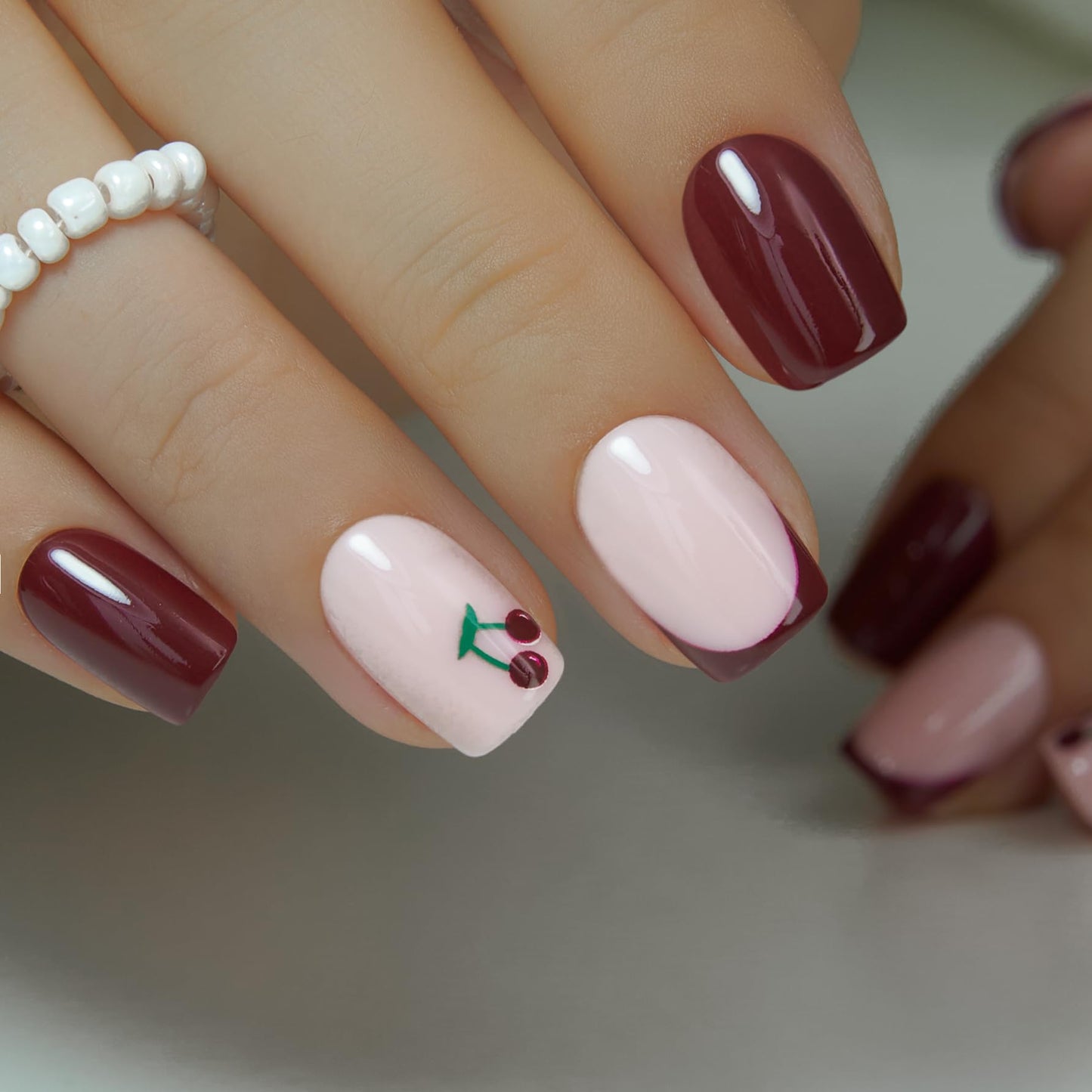 Curvlife Press On Nails – 30PCS Full Cover False Natural Fit Soft Gel Fake Nails Tips, Easy to Apply at Home Glue On False Nails Kit (Cherry Accent Solid French Manicure, Medium)