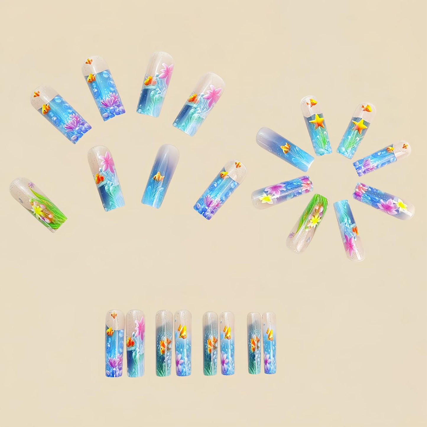 LOPMNGHT Flower Press on Nails Long Square Artificial Acrylic Fingernails Blue Ocean with Clown Fish Starfish Pattern Design Glossy Stick on Nail Full Cover Coffin Artificial Nails for Women 24Pcs
