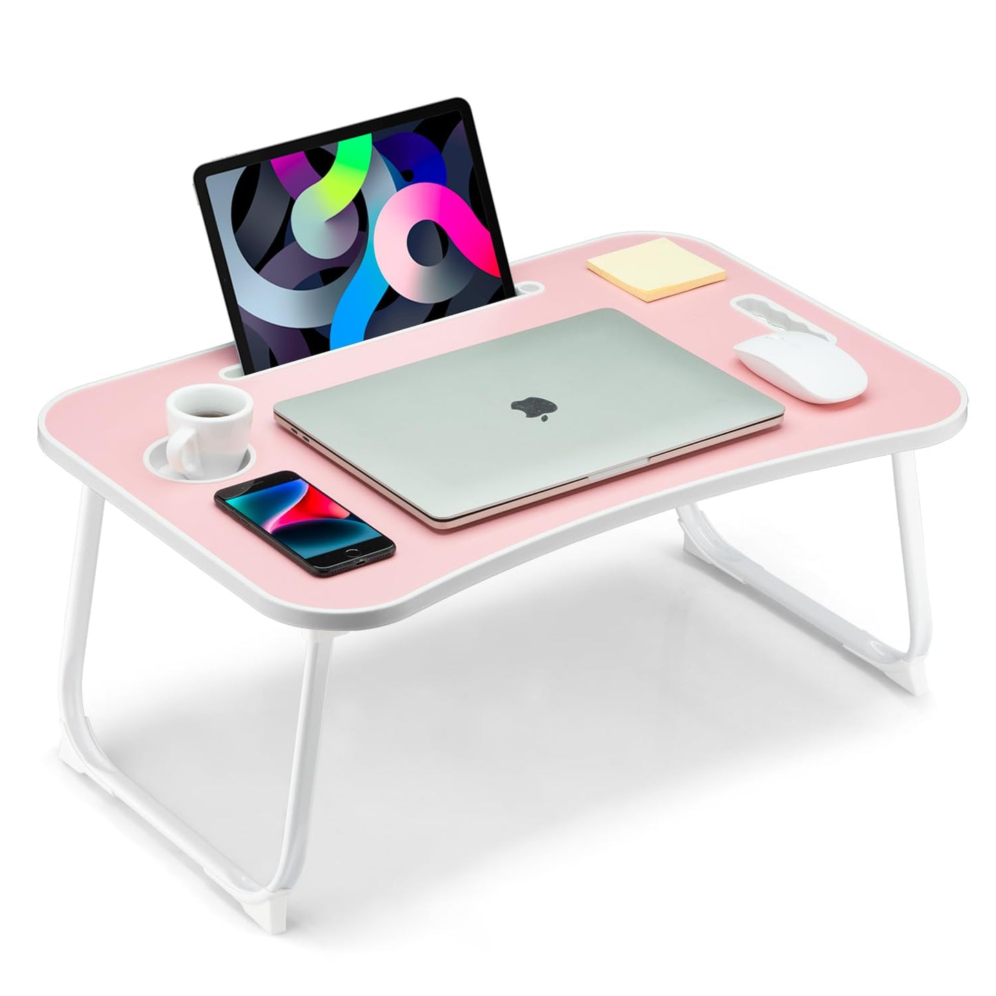 VIFOCAE Foldable Lap Desk, Laptop Bed Desk, Portable Lap Table, Laptop Bed Table with Cup Holder & Tablet Slot & Lifting Handle for Working Writing Drawing & Eating - Pink