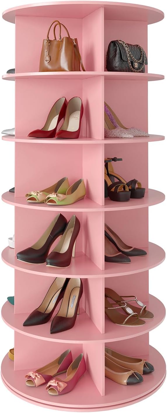 SpaceAid 6 Tier Rotating Shoe Rack Tower, Spinning Shoe Display Lazy Susan, Revolving 360 Shoe Rack Storage Round Carousel, Vertical Handbag Rotate Shoes Closet Organization (6-Tier Pink)