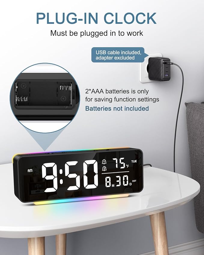 Digital Alarm Clock, LED Digital Clock for Heavy Sleepers/Kids with 11 Colors Night Light, 5 Levels Brightness, Dual Alarm, 3 Volume, Snooze, Night Mode, Desk Clock for Home, Bedroom, Office