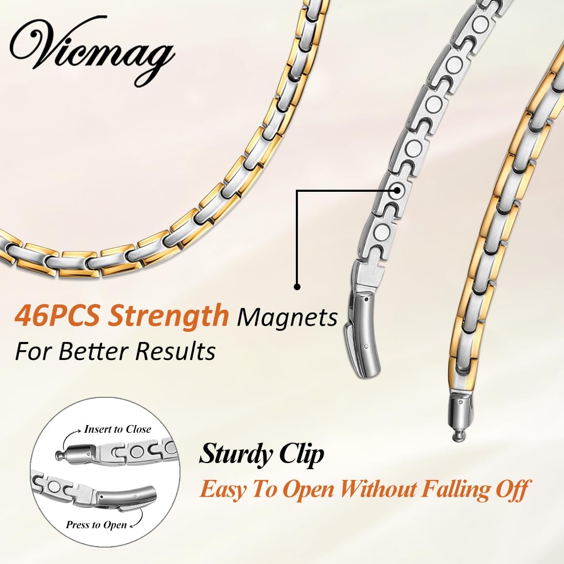 Vicmag Magnetic Titanium Necklace for Men & Women, Titanium Necklace Set with 4X Ultra Strength Magnets Ring, Adjustable Chain & Sizing Tool(Silver Gold)