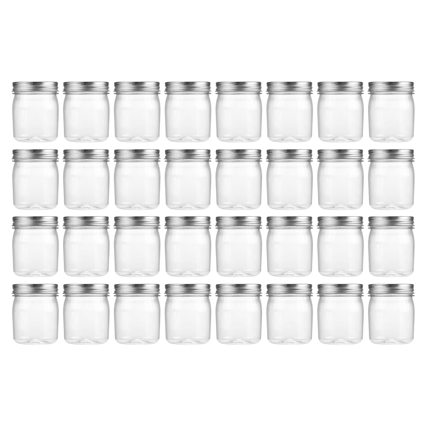 novelinks 8 oz Clear Plastic Jars with Airtight Lids, 32 Pack Plastic Mason Jars with Lids 8oz, Refillable Storage Slime Containers & Small Spice Jar for Kitchen Organization (32 Pack,Silver)