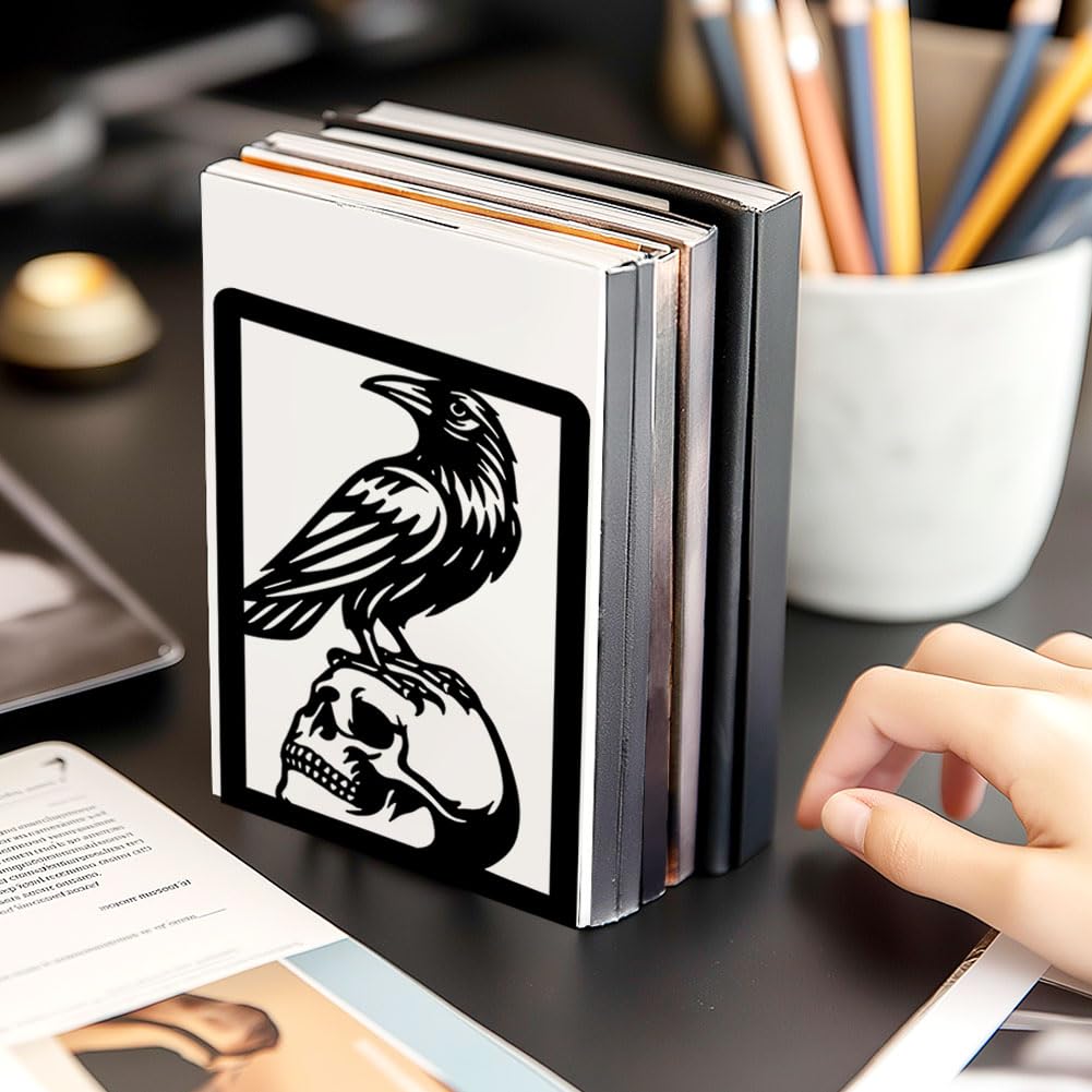 BEUNITONE Raven and Skull Decor Gothic Metal Bookends for Shelves, Office Desk Organizer Book Ends for Heavy Books, Home Office Desk Bookshelf Decor Gift for Gothic Lovers and Reading Enthusiasts