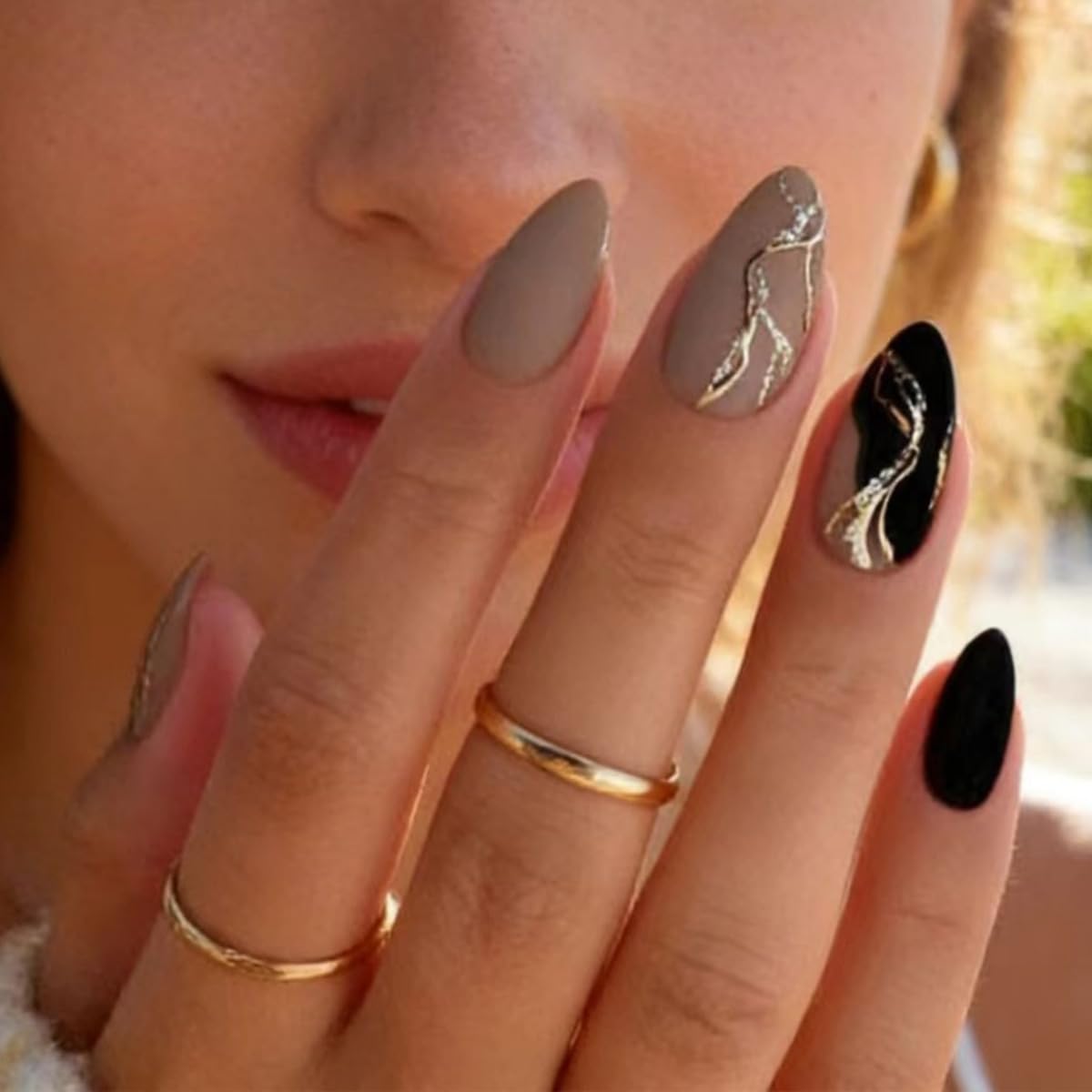 FJSMTOPl Almond Press on Nails Medium Fake Nails with Designs Grey Black False Nails Press ons Gold Foil Matte Acrylic Glue on Nails Artificial Stick on for Women Decorations 24Pcs