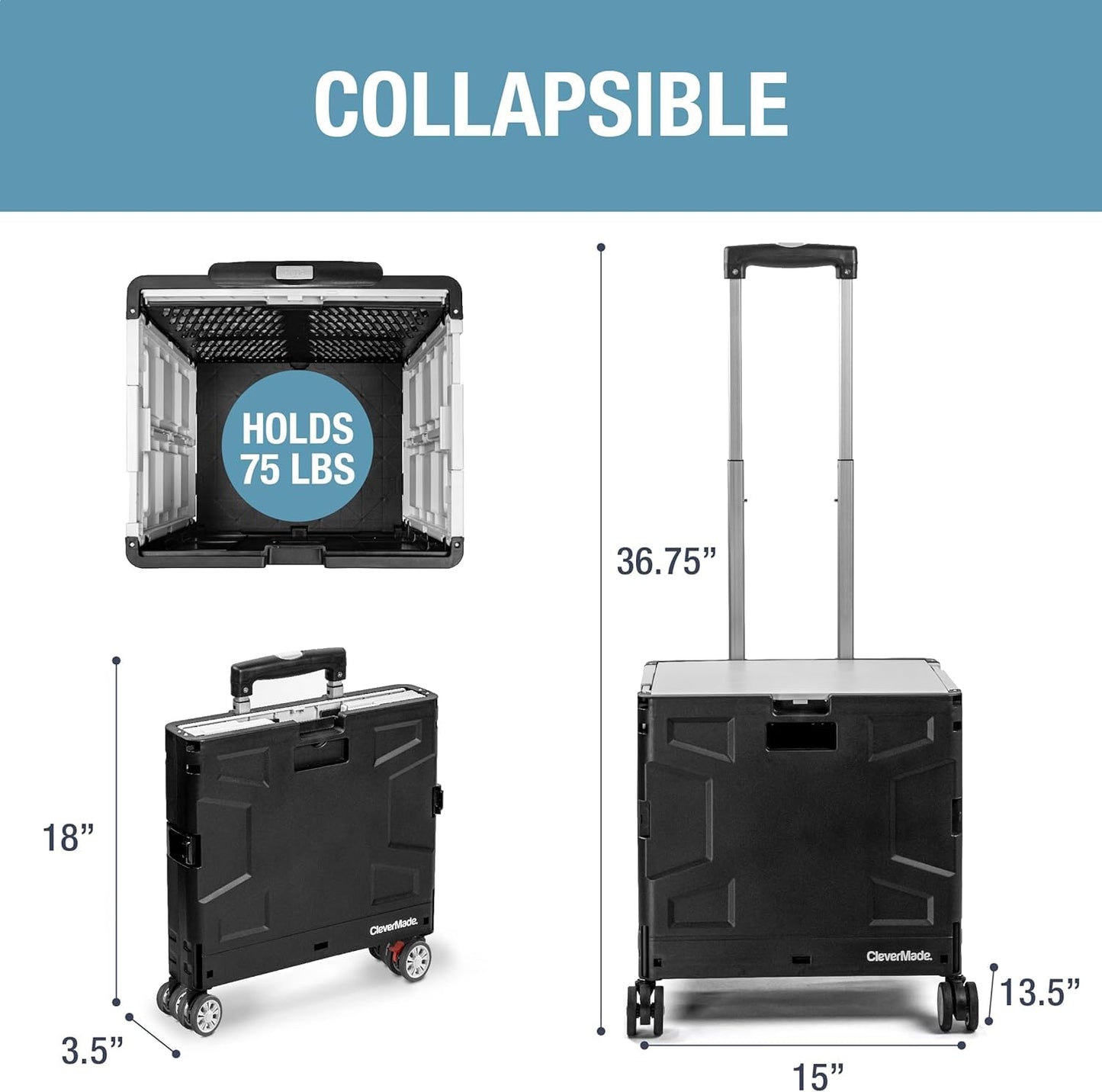 CleverMade Collapsible Storage Bin (100% Recycled) - 62L - Stone (3PK) and Wheeled Trolley Crate - 35L (4 Wheels) - Black/Cream [Cool Gray 1C] Bundle