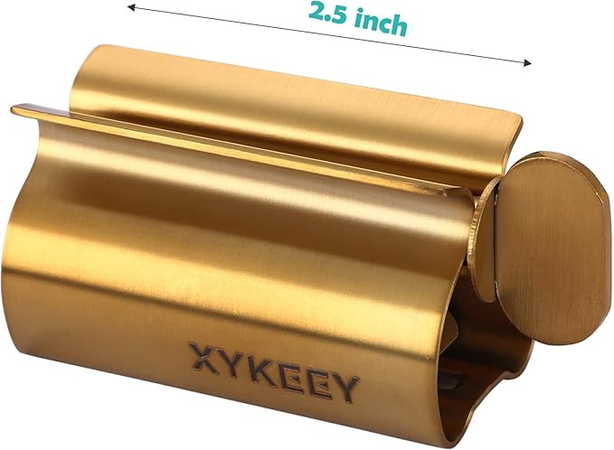 XYKEEY Toothpaste Tube Squeezer - Set of 2 Toothpaste Squeezer Rollers, Metal Toothpaste Tube Wringer Seat Holder Stand (Matt Gold)