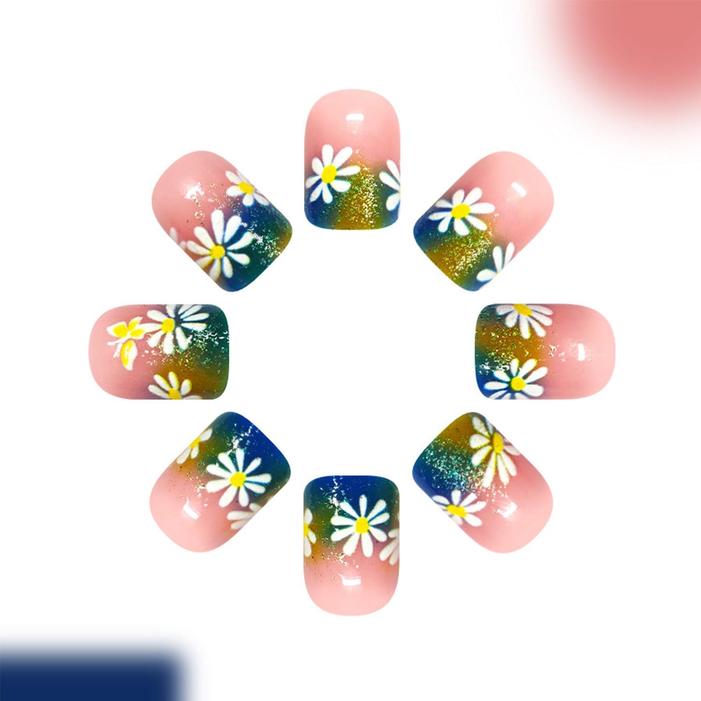 Spring Press on Nails Short Square Fake Nails with Glitter Daisy Designs French Flower Press on False Nails Gradient Glitter Nail Tips Spring Floral Glue on Nail for Women 24Pcs