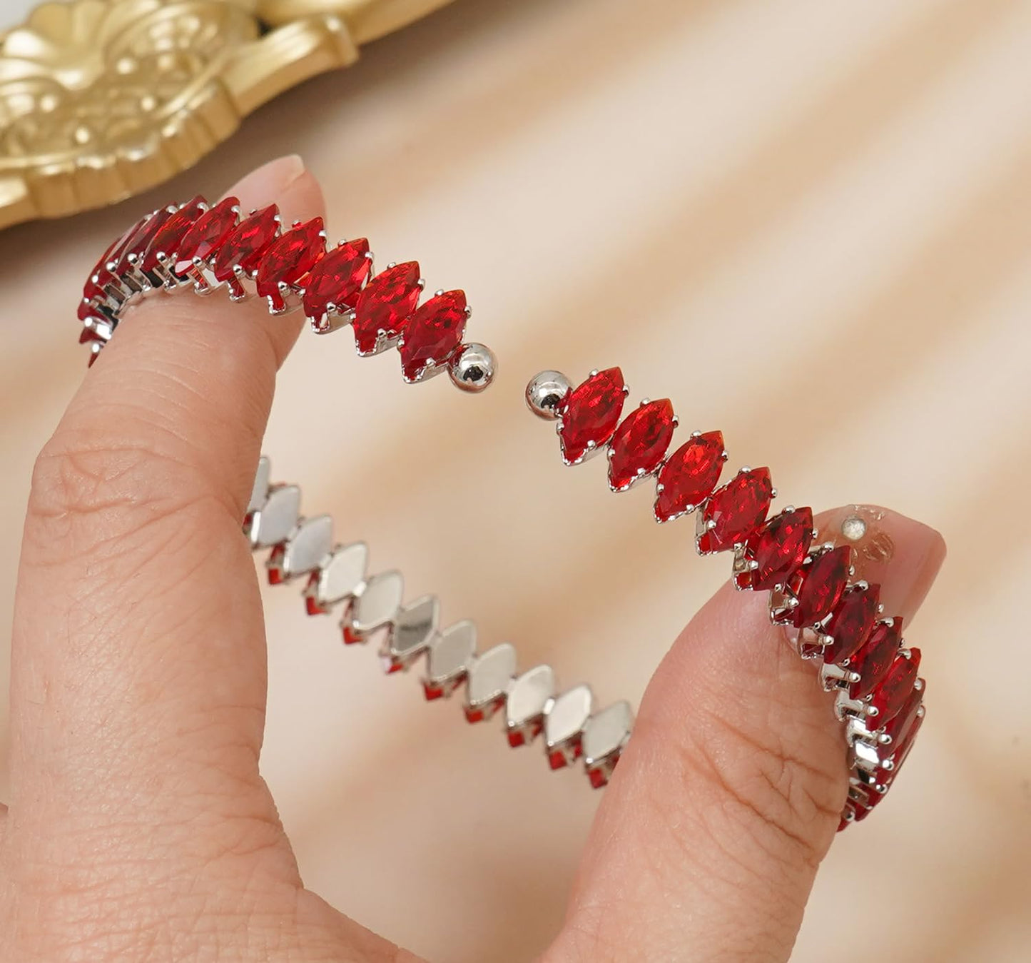 Wovanoo Rhinestone Cuff Bracelet Cubic Zirconia Tennis Bracelets Open Adjustable Bangle for Women Silver Red