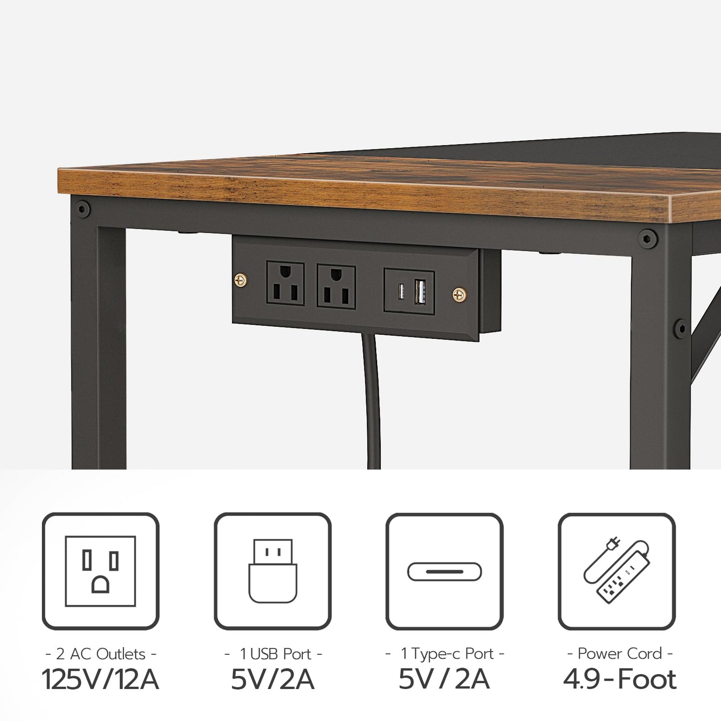 HOOBRO Computer Desk, Home Office Desk with Power Outlet, Modern Study Writing Desk with 3 Hooks for Study Room, Home Office, Sturdy and Stable, Easy to Assemble, Rustic Brown and Black BF40UDN01