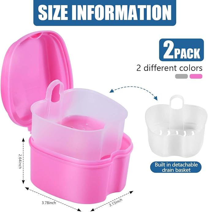 2 Pack Colors Denture Bath Case Cup Box Holder Storage Soak Container with Strainer Basket for Travel Cleaning (White and Pink)