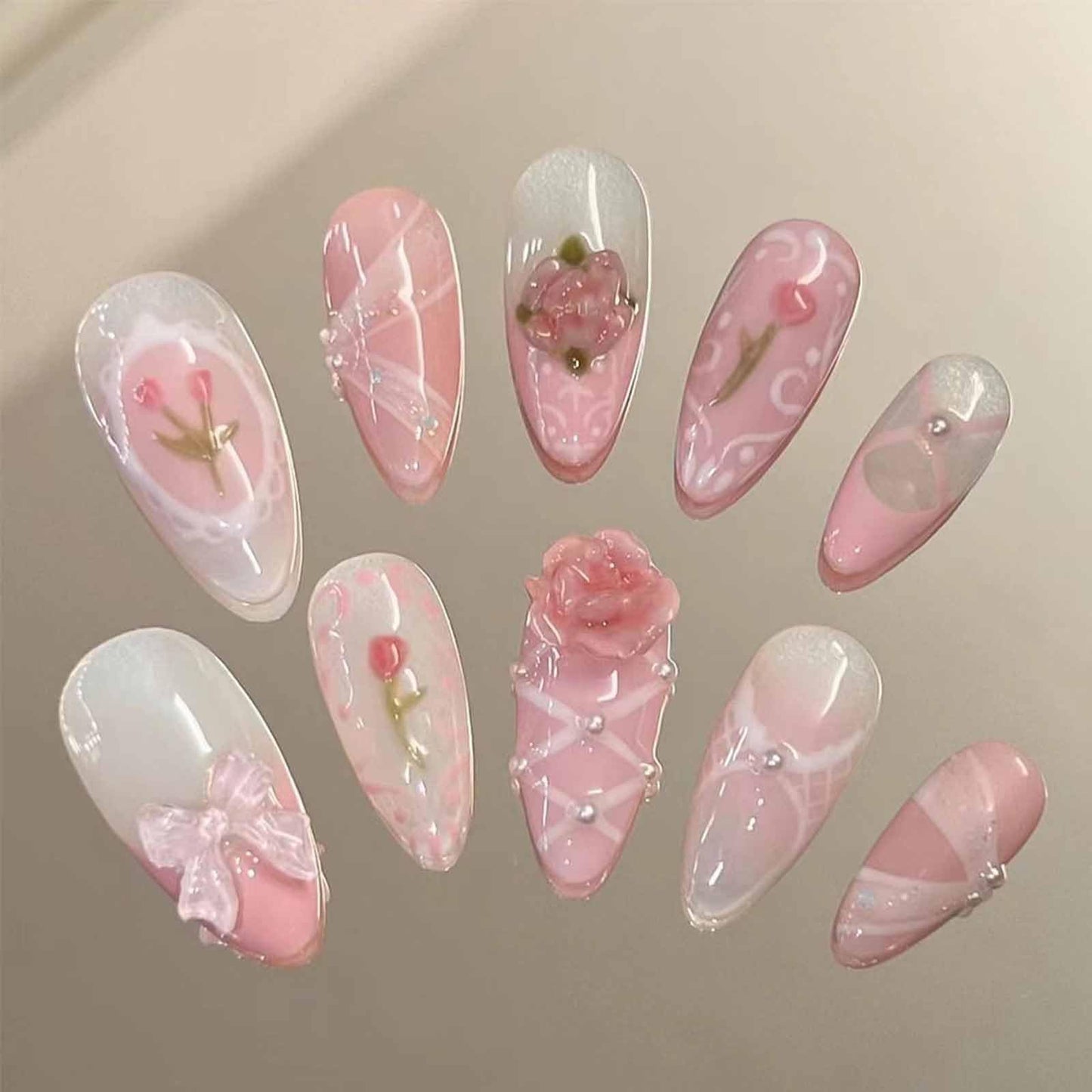 LBPEPAMZ 24Pcs Pink Press on Nails Medium Almond Fake Nails with 3D Rose Bow Pearl Rhinestones Design Pink Gradient French Tips White Acrylic False Nails Stick on Nails for Women Valentine's Day Decor