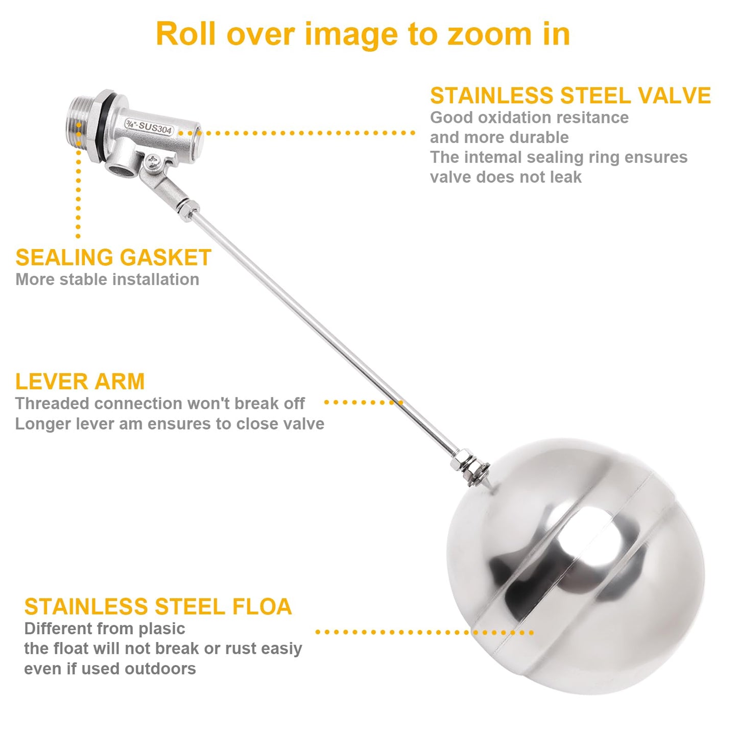 DERPIPE Stainless Steel Float Ball Valves - 3/4" NPT Male Thread Flow Control Float Sensor Valve Automatic Water Level Control Float For Tank Pond Water Tower