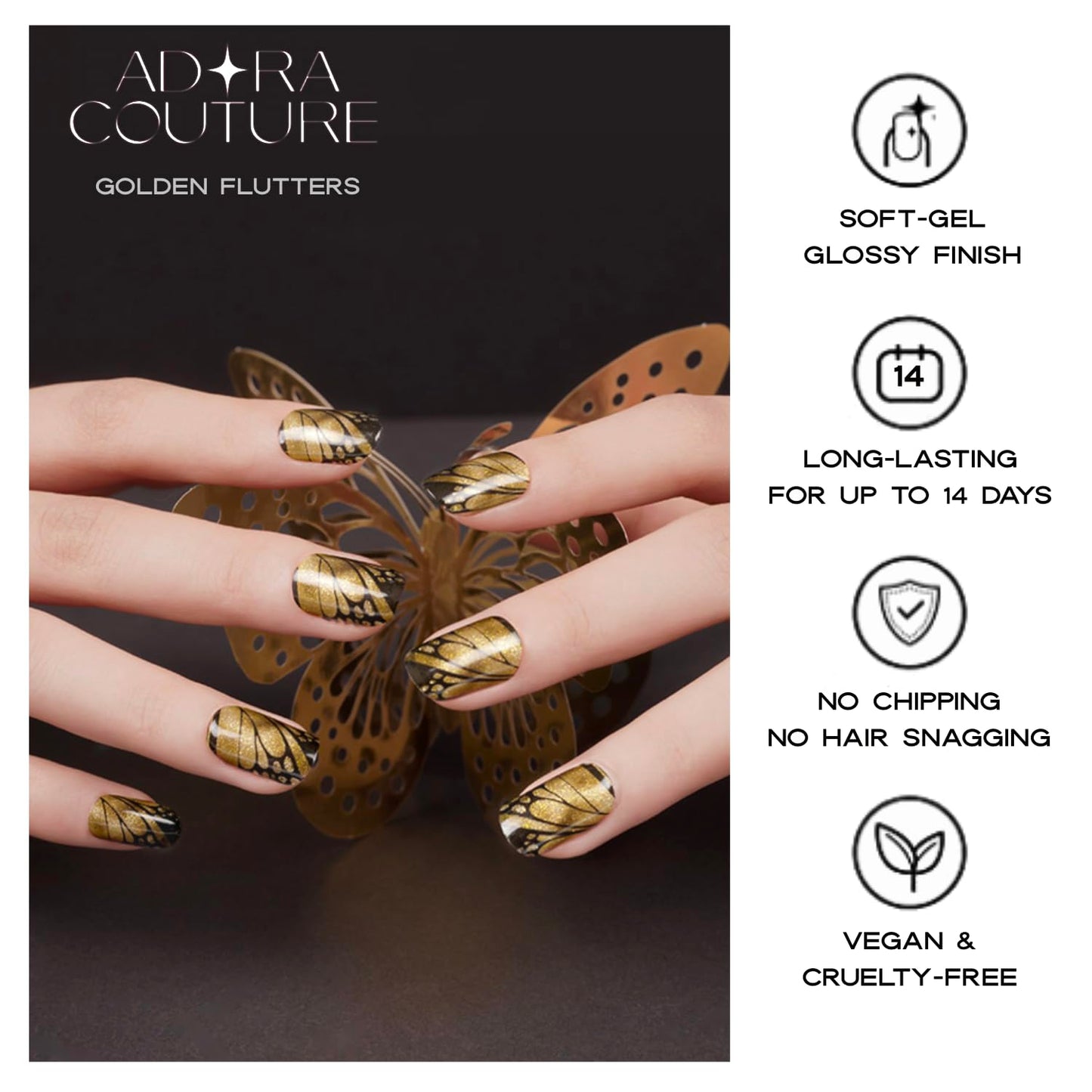 Semi Cured Gel Nail Strips with 30 Pieces–UV Gel Nail Stickers & Nail Wraps, Complete Manicure Kit Includes Prep Pads, Nail File and Wooden Stick, Easy Application, UV Light Required (Golden Flutter)