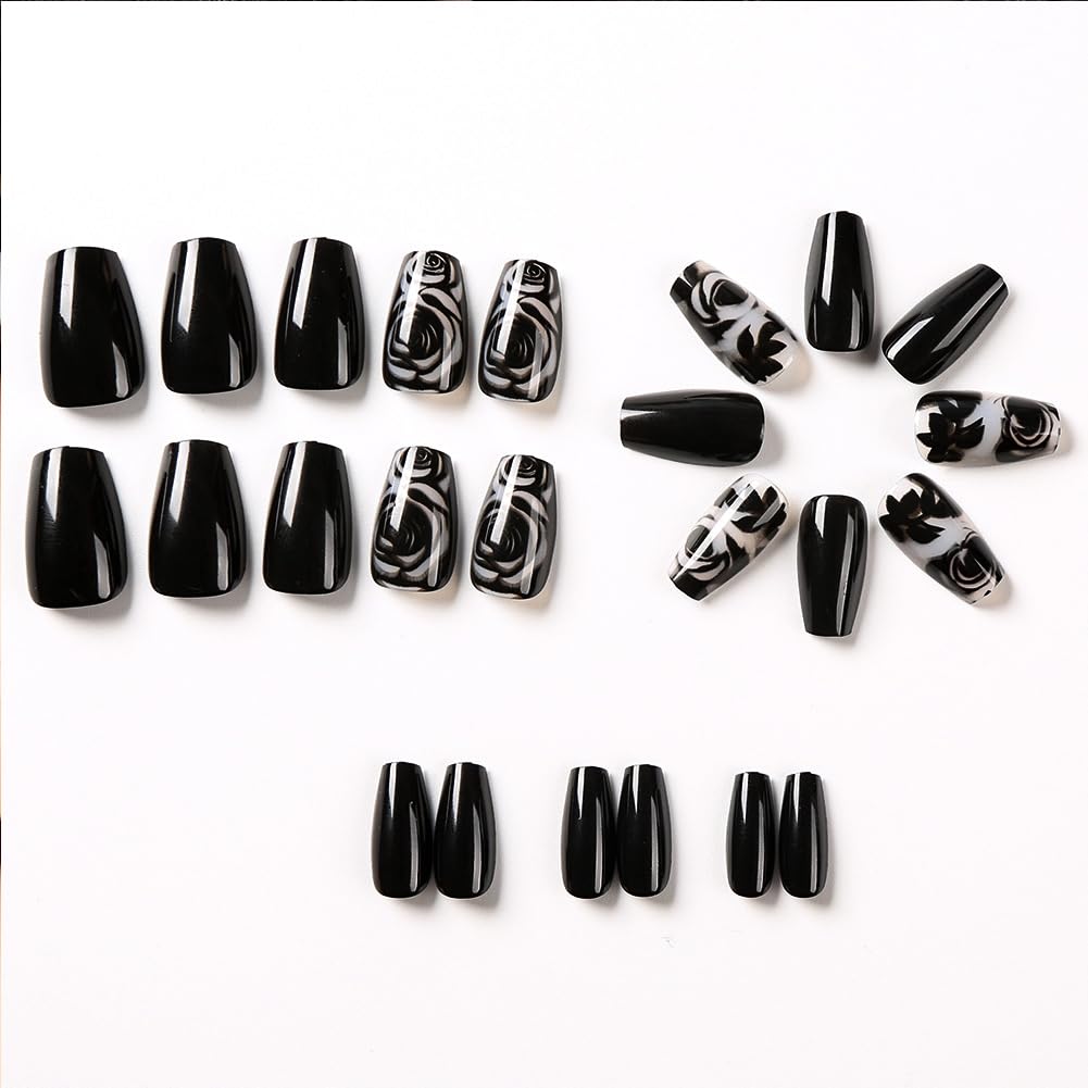 24PCS Black Rose Flower Press on Nails Medium Length Coffin Fake Fingernails Glossy Full Cover Artificial False Nails Kit With Black Rose Designs Fale Nails Nails For Women Girls Manicure