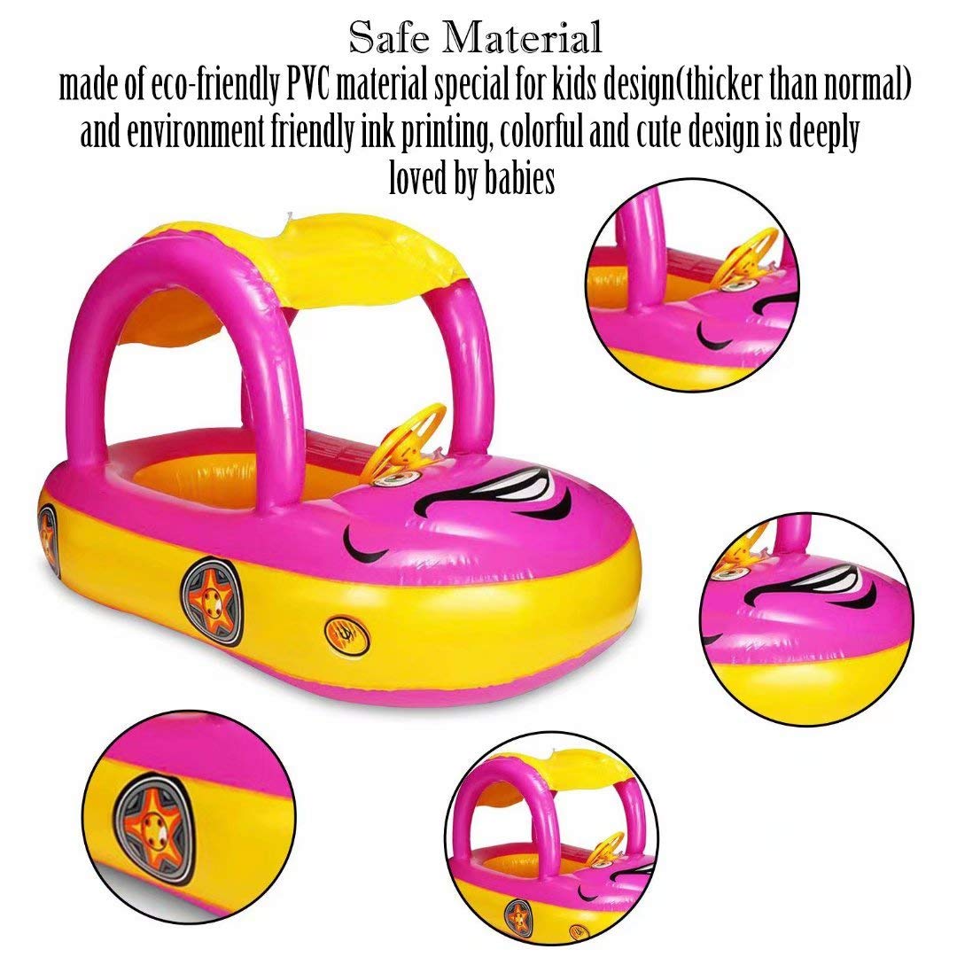 Baby Pool Float with Canopy Summer Steering Wheel Sunshade Swim Ring Car Inflatable Toys Infants Float Seat Boat for Kids Toddlers…
