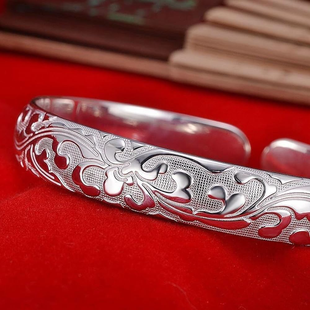 Sterling Silver Bangle Bracelets for Women,Fashion Jewelry Simple Adjustable 925 Silver Cuff Bangles for Women Mom Wife Valentine Mothers Day Gift
