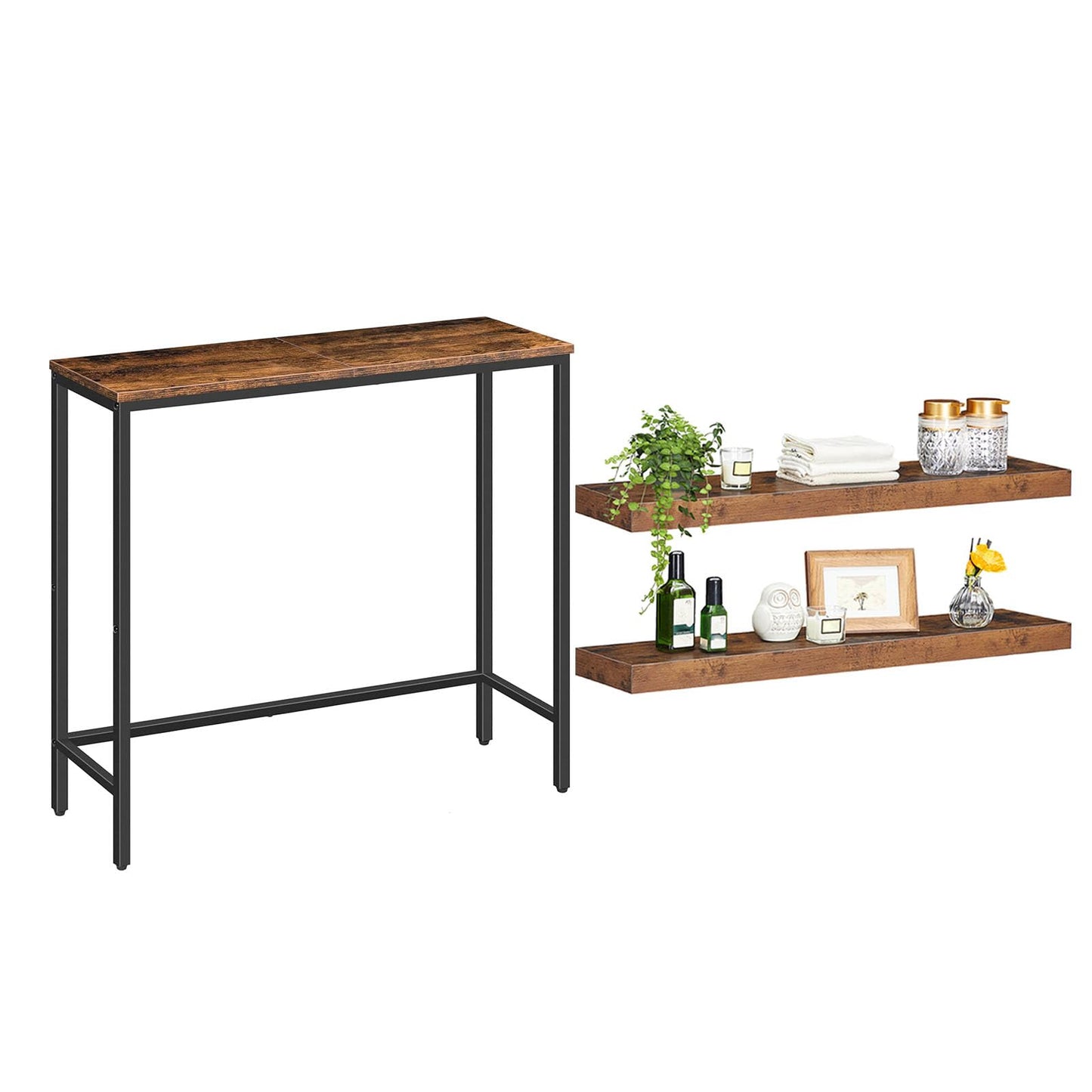 HOOBRO Console Table and Floating Shelves Bundle, Thin Sofa Side Display Table, Wall Mounted Shelf Set of 2, BF75XG01-BF80BJP201