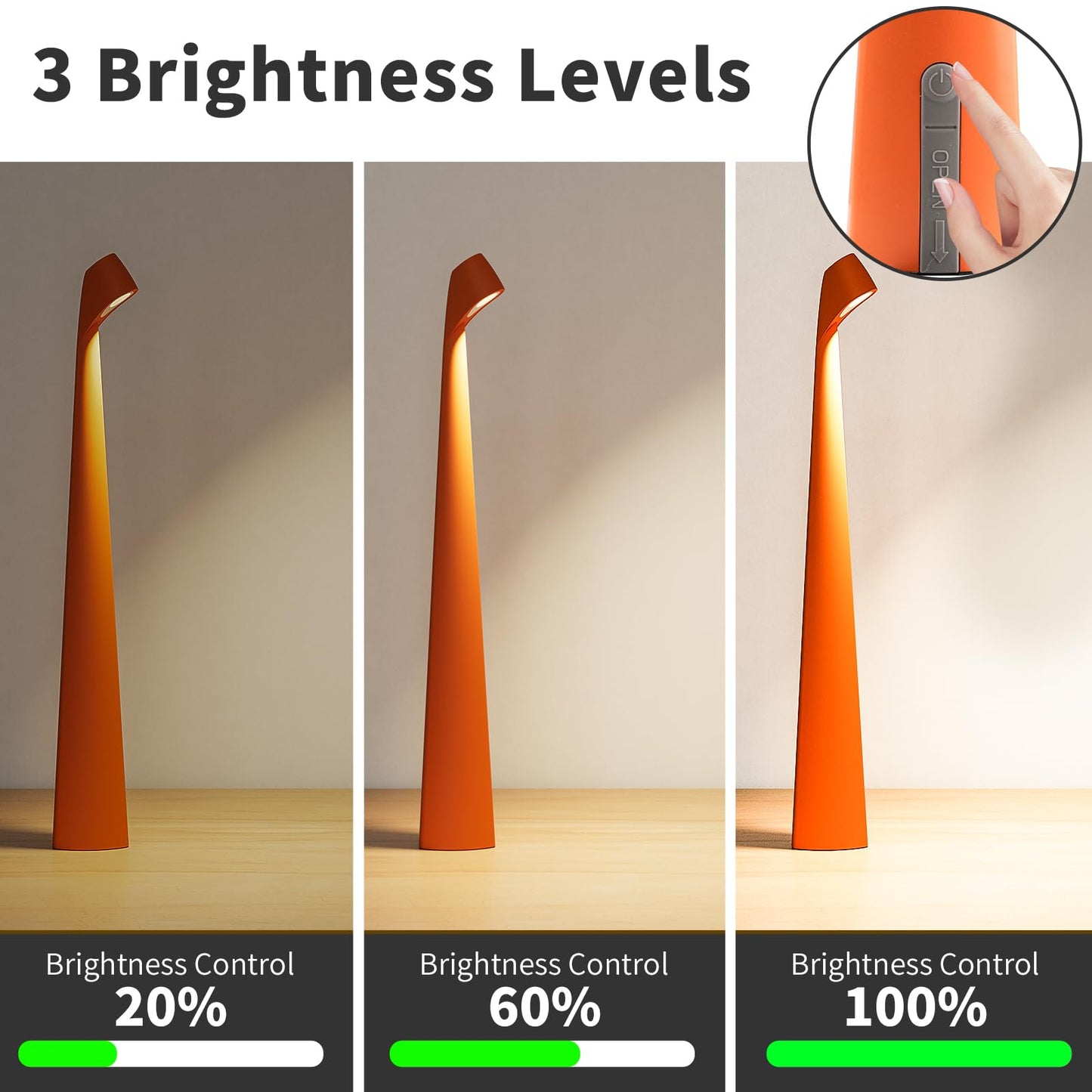 HAPYGI Portable Cordless LED Desk Lamp, Rechargeable Wireless Table Lamp, 3-Level Brightness, Patio & Bedside Night Light, Dining Room Ambient Reading Light (Orange)