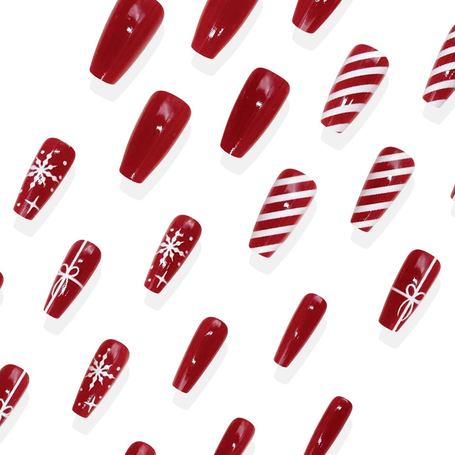 IMSOHOT Press on Nails Long Coffin Fake Nails with White Snowflake Designs Red False Nails Acrylic Full Cover Stick on Nail for Women 24Pcs